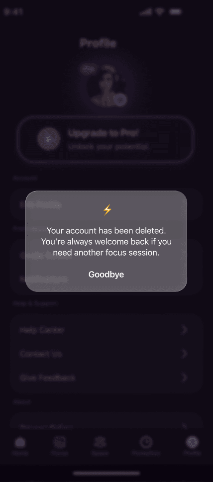 Success — account deletion confirmed